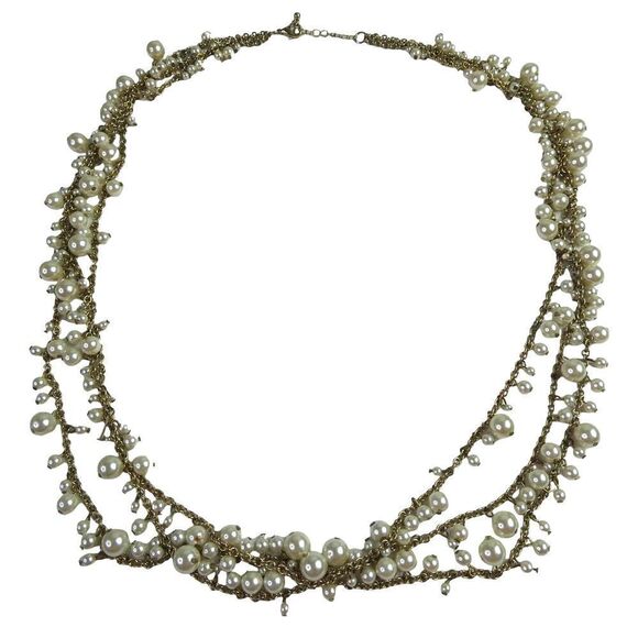 Plus Size Friendly Multi Strand Faux Pearl Dangle Gold Tone Necklace Boho Career - Picture 1 of 7